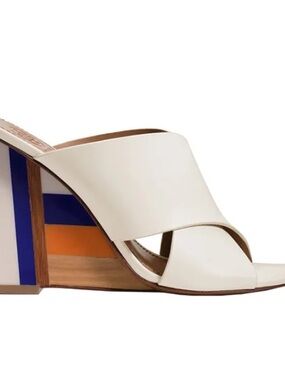 Tory Burch Cream Leather Crossover Mule with Color-Block Heel